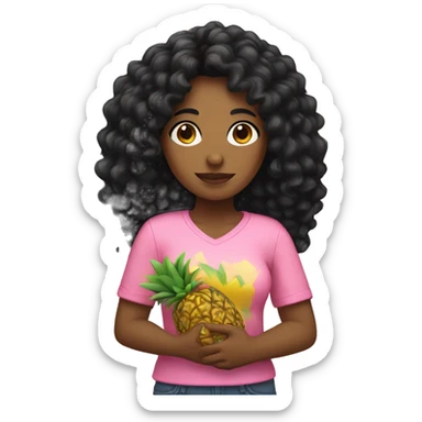 woman with long black curly hair wearing pink holding a pineapple in hands sticker