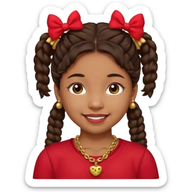 Brownskin girl dark brown hair fluffy. pigtails with red bows brown eyes smiling closed mouth red shirt gold esrrings gold necklace sticker