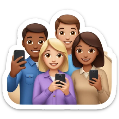 three friends holding phone selfie smiling sticker