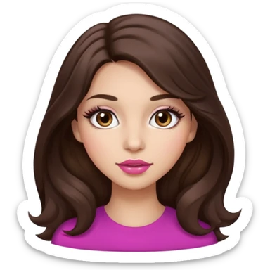 girl with wavy long dark brown hair, brown eyes, light to medium complexion, long lashes, almond shaped eyes, link lipstick sticker