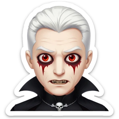 Creat a young man Vampire with white skin and white hair "make him have slide back hair" and full black vampire clothes and bloody eyes and long fangs and scary dead eyes and silver logo on his neck sticker