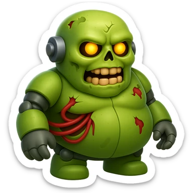 Create a fat zombie robot terminator in apple emoji style, 3/4 view, with no background. The style should mimic apple style emojis with no background. sticker