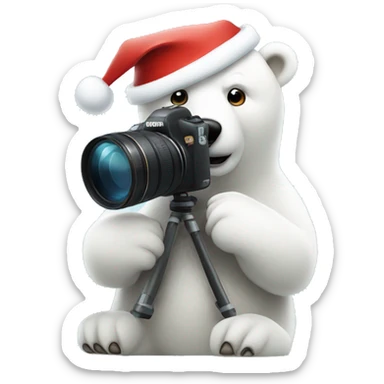 Polar bear in a Santa hat holding a canon Camera  sticker