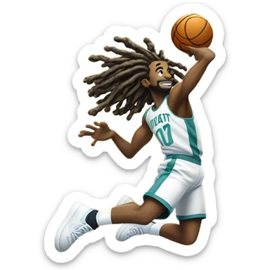 Tall light skin man dunking with dreads in a school that has blue and orange color with a tiger logo sticker