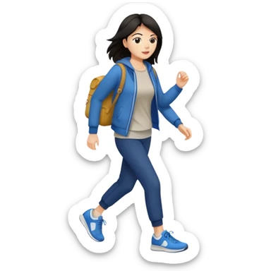 iOS emoji style - a dark haired woman in casual clothes and wearing trainers. Walking quickly. She does not have a bag or backpack.

 sticker