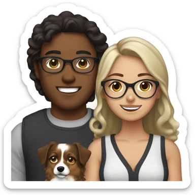 26 year old brunette with blonde highlights wearing glasses with her husband with dark brown hair and their Australian shepherd  sticker
