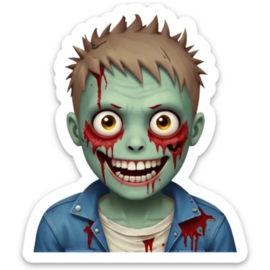 zombie boy with brown short spiky hair, white skin, and white eyes; an open smile, and bloodied teeth; sticker