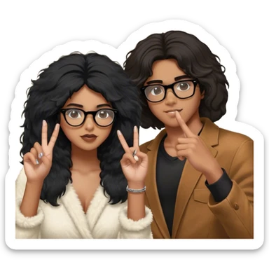 Brown boy with black fluffy hair and glasses and light brown girl with black blowout hair taking a picture in the mirror at the club together he’s behind her and wrapped around her and sticking up the middle finger on both her sides and she’s taking the picture in her right hand and her other hand has her face leaning on it  sticker
