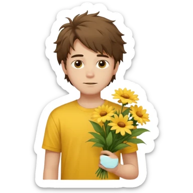 generate an ios genmoji of a 20 year old fair boy with brown long and messy hair with faint beard on cheeks. carrying a flower bouquet, wearing a yellow tshirt, looking shy.  sticker