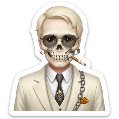 cinematic realistic - steampunk Megadeth - a gentleman in an ivory ethereal suit that smokes, has a skull instead of a head, wears rusty metal glasses with chains sticker