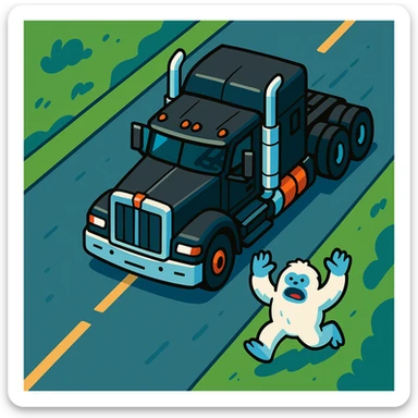 top-down view of a black 2026 Kenworth W680 flat top semi sleeper truck with tall chrome stacks chasing a much smaller abominable snowman down a road, vibrant toon style, clear details, no text sticker