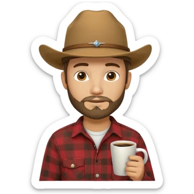 generate an ios genmoji of a 20 year old tan boy with a cowboy hat and side burn beard. Wearing a flannel and carrying a coffee mug sticker