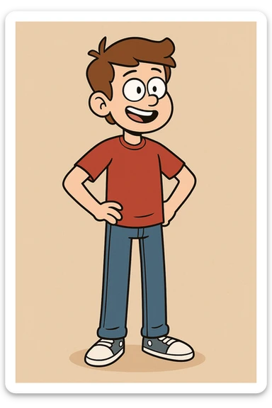 A boy lights brown hair sleeves with Red t-shirts blue jeans white shoes sticker