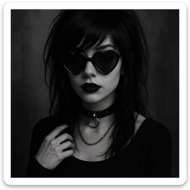 emo girl with heart-shaped sunglasses, dark hair, mysterious vibe sticker