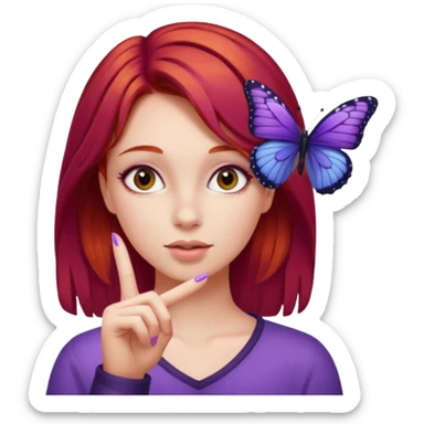 Purple butterfly resting on red haired girl finger sticker