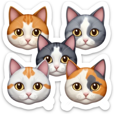 4 different coloured short haired cats including; a dark brown and white cat, and a dark grey and white, and a calico sticker