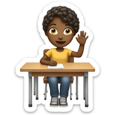 A girl with a raised hand at a desk at school  sticker