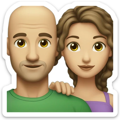 caucasian bald man with green eyes and a caucasian woman with long curly dark hair and brown eyes sticker