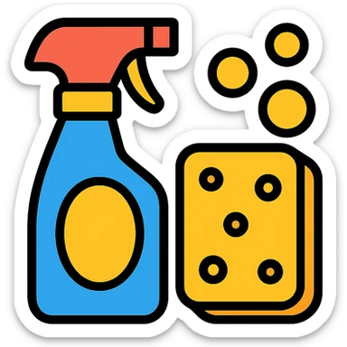 colorful icon of cleaning supplies, including spray bottle and sponge sticker