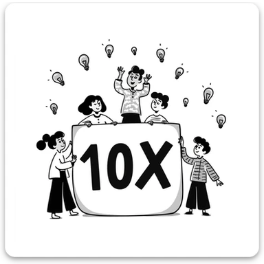 playful team illustration with '10x' and lightbulbs, hand-drawn look sticker