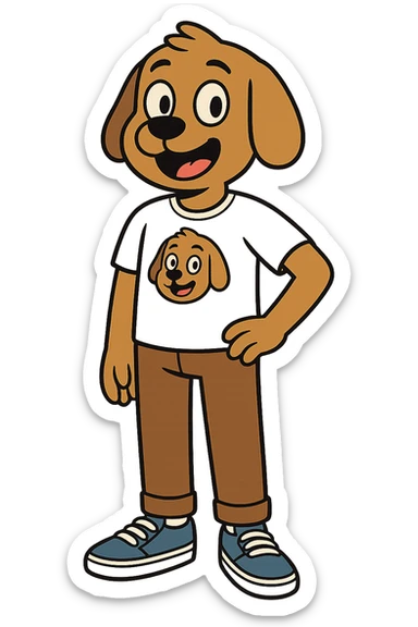 A boy dog mascot logo t-shirts brown trousers blue vans shoe  sticker