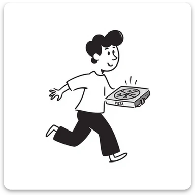 a man running with a pizza box in his hands, smiling, hand-drawn doodle style sticker