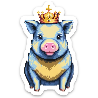 cute pig with a golden crown, chunky, colorful, simple, playful, pixel art style sticker