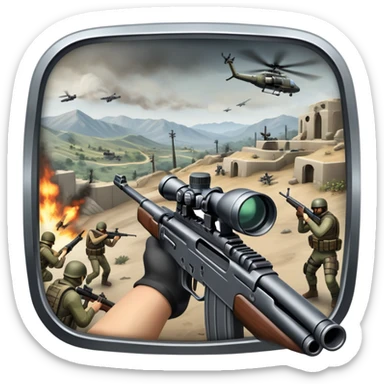 An icon representing a first-person shooter, inspired by Call of Duty. The design shows hands holding a rifle at the bottom of the screen, with enemies in the background and a detailed landscape. The action is intense, with gunfire and dynamic movement. Transparent background. sticker