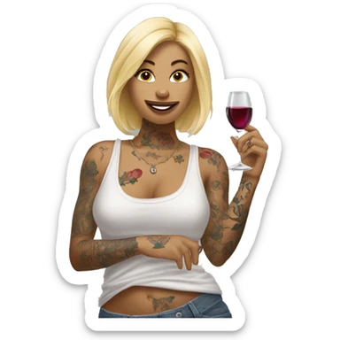 Blonde women in, her body covered with tattoos, wine in her one hand and pointing you with other hand sticker