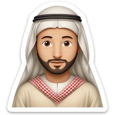 Emoji-style (Apple iPhone) illustration of Crown Prince Mohammed bin Salman, round and soft facial features, friendly and expressive, wearing a white thobe and red-and-white checkered shemagh, clean vector, minimal shading sticker