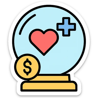 crystal ball icon representing best quality and most affordable healthcare, clean and modern style, simple lines, healthcare symbols like heart or cross inside the crystal ball, color accents for clarity sticker