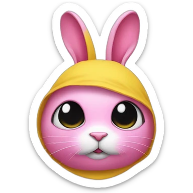 rabbit pink hiding eyes, wears teeshirt yellow sticker