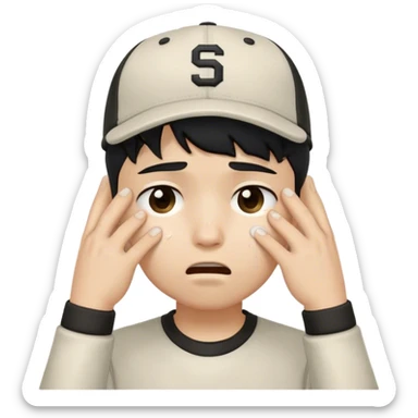 "Create an emoji of a student boy with short black hair wearing a baseball cap. He has a sad expression, and tears are streaming down his face. His hands are wiping his eyes in frustration. The boy is wearing a casual school outfit, like a hoodie or t-shirt, and the overall vibe is one of sadness, like he’s overwhelmed by schoolwork or something personal. The background is simple and neutral to keep the focus on his emotional expression. sticker