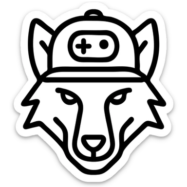 white wolf with a gamer hat, bold outlines, flat colors, no background sticker