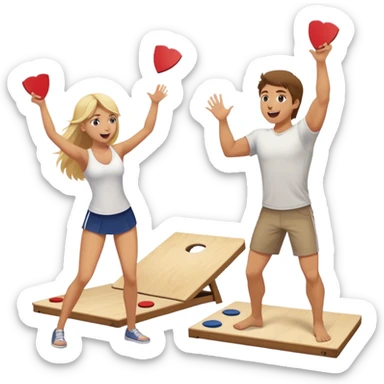 Fit man with brown hair playing cornhole with a blonde hair girl cheering him on sticker