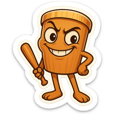 chibi emoji of Tun Tun Suhoor, wooden stick body with smooth brown texture, drum-like cylindrical body, holding baseball bat, cartoon style, bright vivid colors, expressive face, dynamic pose, a bit creepy yet funny,  sticker