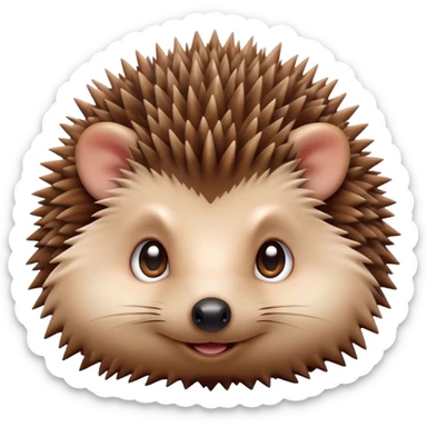 Cinematic Cute Hedgehog Portrait Emoji, Head tilted playfully and inquisitively, featuring a fluffy, spiky brown Fur with an irresistibly cute, round face and tiny ears, round, sparkling eyes filled with curious wonder, Simplified yet irresistibly adorable features, highly detailed, glowing with a warm, friendly glow, high shine, affectionate and quirky, stylized with a touch of woodland whimsy, bright and endearing, soft glowing outline, capturing the essence of a mischievous yet loving hedgehog, so playful it feels like it could roll out of the screen and into your arms! sticker
