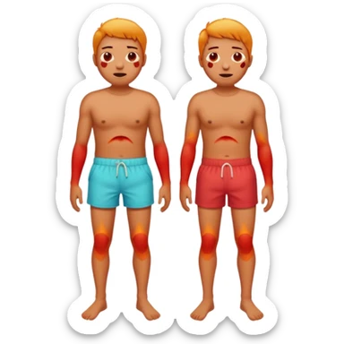 Emoji-style person in beach shorts, skin visibly sunburned and red on arms, legs, and face Expression shows mild pain or discomfort, cute rounded emoji desig sticker