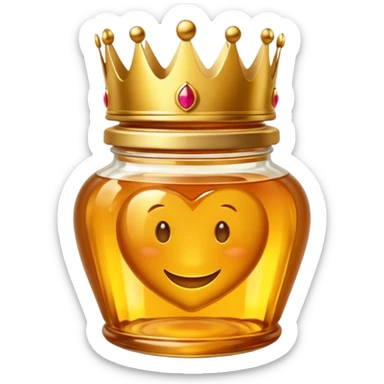 Honey jar filled with golden thick liquid, on top of the jar a big crown sticker