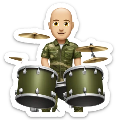 White male without hair on the head playing the drums in camouflage uniform  sticker