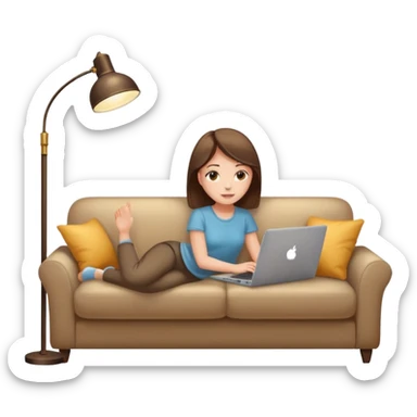 A girl is working with a laptop while lying on a sofa, with a floor lamp to the right. sticker