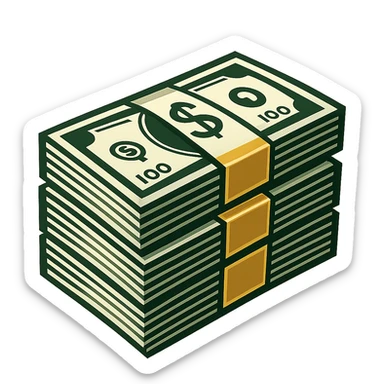 big stack of money, professional style, green gold and white color scheme, bold and clear, suitable for digital use sticker