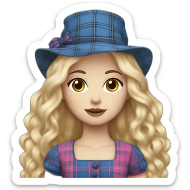 ragdoll with blond hair, pink hat and blue tartan dress sticker