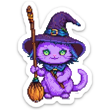 purple witch cat with a broom pixel art sticker