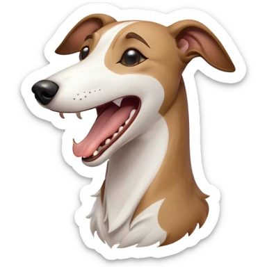 Cinematic Cute Yawning White and Brown Greyhound Portrait Emoji, Head tilted slightly with a dramatic, wide-open yawn, showcasing a pristine white Fur with bold brown markings, floppy ears slightly drooping, round eyes barely open in drowsy contentment, Simplified yet irresistibly adorable features, highly detailed, glowing with a soft, cozy glow, high shine, relaxed yet expressive, stylized with a touch of whimsy, bright and endearing, soft glowing outline, capturing the essence of a sleepy yet affectionate companion, so drowsy it feels like it could stretch out of the screen and curl up for a nap! sticker