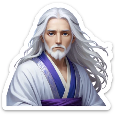 elegant Ionian artist with a mystical and refined appearance. He has long, flowing silver-white hair that cascades past his shoulders, framing his calm and contemplative face. His eyes glow with a soft, ethereal light, hinting at the vast arcane power he wields.

Draped in intricate, layered robes with deep blues and purples, his attire reflects both an artist's grace and a mage's authority. Golden embroidery and delicate patterns adorn his clothing, resembling the strokes of a masterful painting. His hands, often poised in artistic gestures, channel his magic like a painter bringing a canvas to life, each spell a work of art in motion. sticker