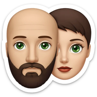 Man beard bald white dark green eyes, woman medium hair brown brown eyed latina, they have different eye color man dark green woman dark brown sticker