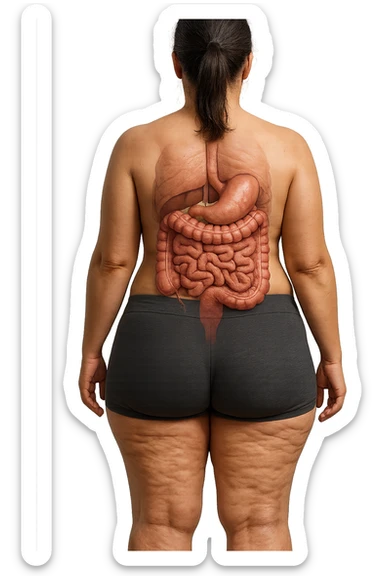 una donna di spalle a figura intera in gym shorts con cellulite e intestino umano anatomico, iperrealistica 4k
 sticker