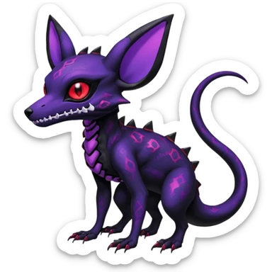 Gothic Black red purple Scaley Exotic Salandit-Umbreon-Noibat-Fakémon-hybrid-creature (full body), 4 legs, white skull face mask sticker