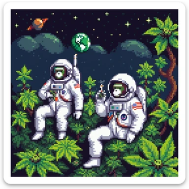 group of apes in astronaut suits floating in space smoking weed sticker
